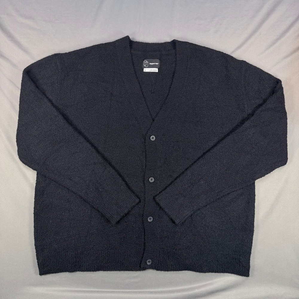 Original Use Mens L Black Boucle Knit Button Front V-Neckโ Cardigan Sweater Soft